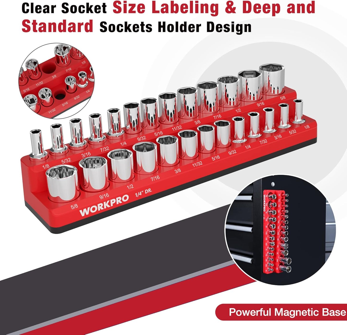 WORKPRO Magnetic Socket Organizer, 1/4-Inch SAE Socket Holder, Socket Trays Holds 26 Pieces Standard Size and Deep Size Sockets(Sockets not Included)