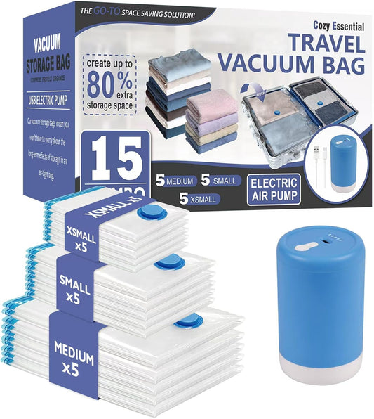 15 Pack Travel Vacuum Storage Bags with Rechargeable Wireless Electric Pump for Luggage, Suitcase, Carry-on Size Vacuum Seal Compression Space Saver Bags for Clothes and Clothing Travel