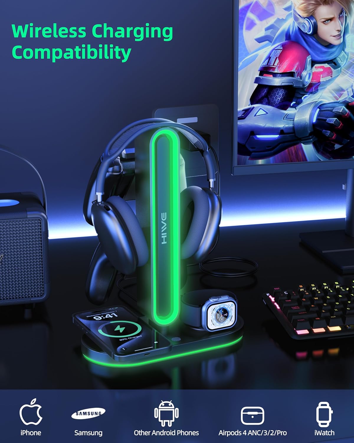 HiWe Universal RGB Gaming Headphone Stand with 2 Controller Holder, Wireless Charger for iPhone/iWatch, Solid ABS, Non-Slip Base, with USB-A & USB-C Outputs, Adatper Included, Black
