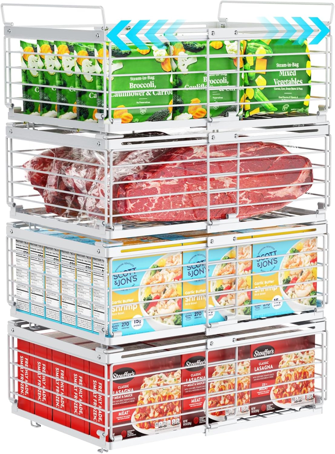 iSPECLE Freezer Organizer Bins - Fit 10 to 20 Cu.FT Deep Freezer, 4 Pack Expandable Stackable Large Chest Freezer Organizer Bins Sort Food, Easily Get Food from Bottom Better Ventilation, White