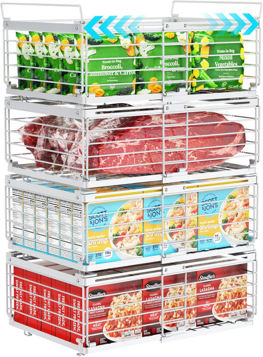 iSPECLE Freezer Organizer Bins - Fit 10 to 20 Cu.FT Deep Freezer, 4 Pack Expandable Stackable Large Chest Freezer Organizer Bins Sort Food, Easily Get Food from Bottom Better Ventilation, White