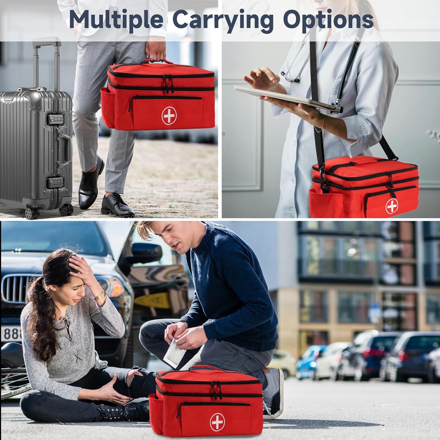 Medicine Organizer and Storage Bag Empty, Family First Aid Box, Pill Bottle Organizer Bag for Emergency Medication, Supplements or Medical Kits, Zippered Medicine Bag for Home and Travel (Red)