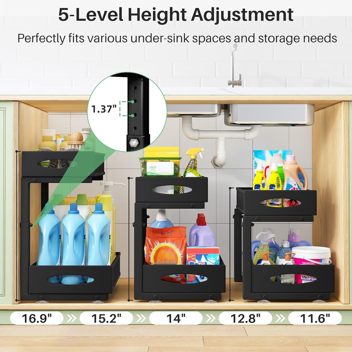 Under Sink Organizer, 2 Pack 2 Tier Pull out Cabinet Organizer Baskets with Mesh Sliding Drawers, Slide out Sink Storage Shelves for Home, Kitchen, Bathroom, Pantry, Office Organizers and Storag,Black