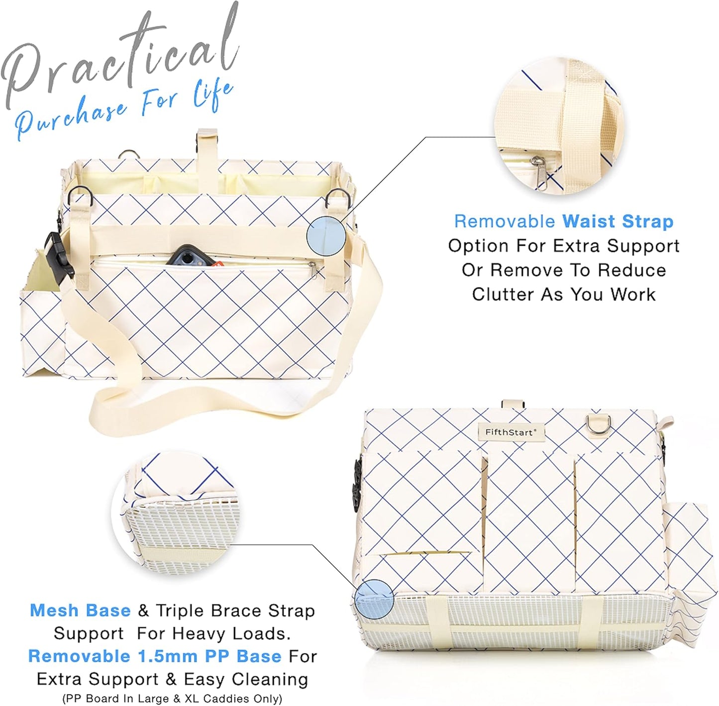 FifthStart Professional Cleaning Caddy - Heavy-Duty Organizer Tote with Adjustable Compartments, Mesh Base, 9 Pockets & Shoulder Strap for Cleaning Supplies (Blue Check, LArge)