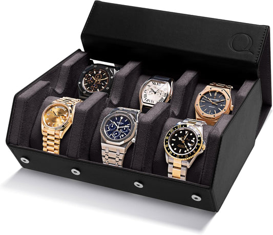 QWATCHBANDS Napa Leather Watch Case for Men - Watch Roll Storage Organizer & Watch Display - Six Slot Luxury Watch Box for Home or Travel - Mens 6 Watch Holder Case (Black Charcoal)