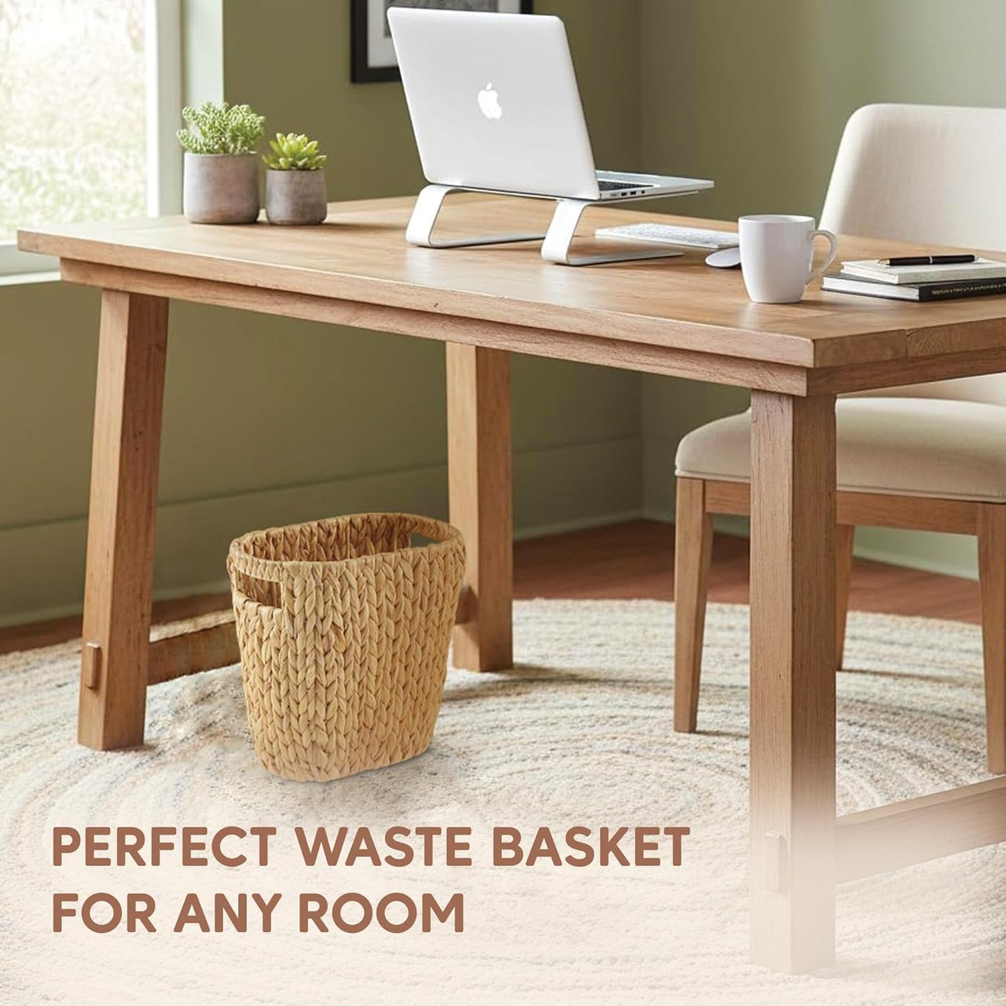 GREENATURAL Wicker Trash Can, Handwoven Water Hyacinth Waste Basket, Wicker Storage Bin with Natural Finish, Rustic Garbage Can for Laundry Room, Bathroom, Bedroom, Office, 13x7.5x12.25 inches