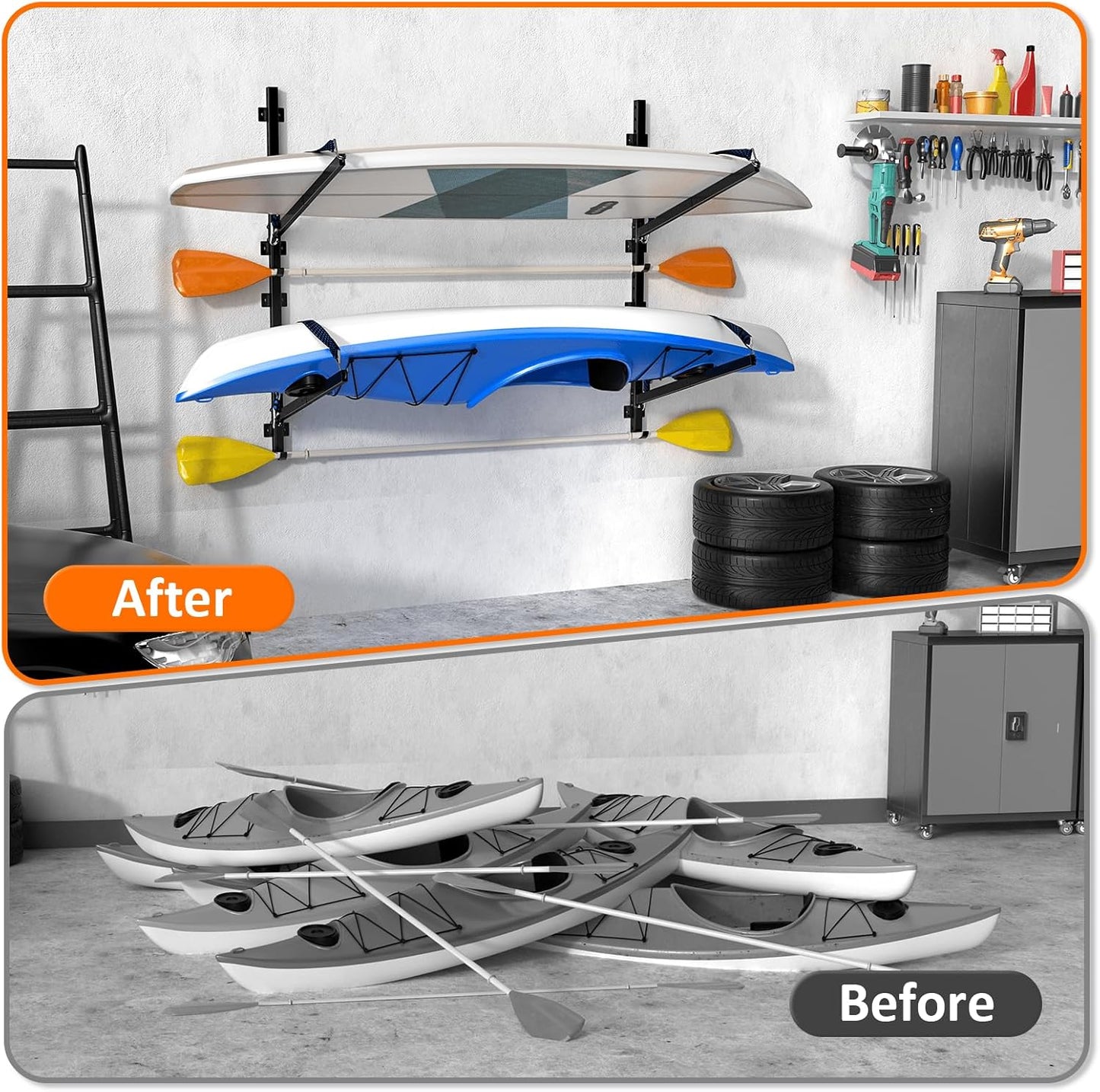 Kayak Storage Rack for Garage Wall Mount - Heavy L-Frame Holder with Anti-Slip Bungee & Complete Installation Kit, Supports 150LB (Fits Canoe/Paddle Board, Black)