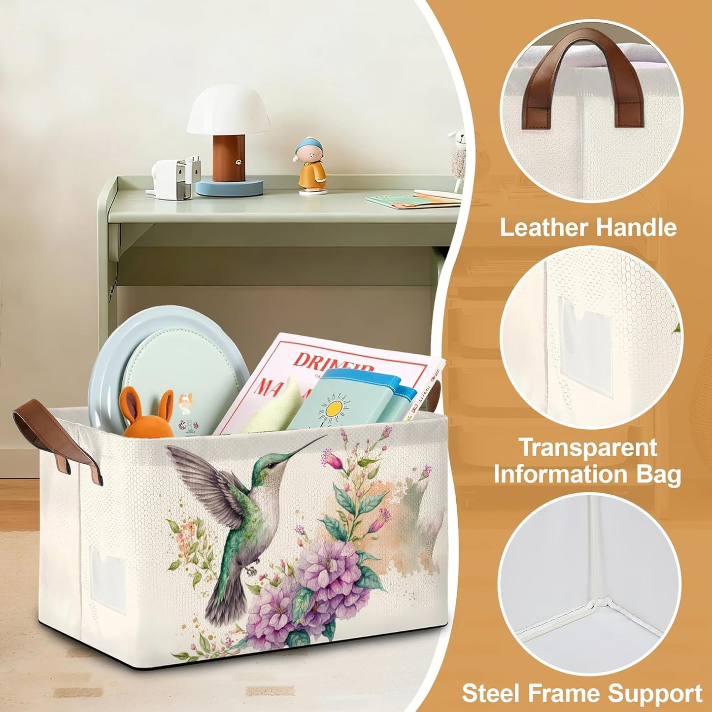 32L Large Storage Bins with Handles, Basket Organizer for Shelves, Closet, Books, Laundry & Home Decor (Hummingbird Flower)
