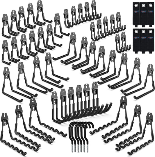 3-H Garage Wall Hooks 60 Pack, Heavy Duty Garage Hooks with Extra Welding Spots, Wall Mount Storage Organizer for Hanging Garden Lawn Tools, Ladder, Bike, WeedEater, Chair, Shovel, Blower (Black)