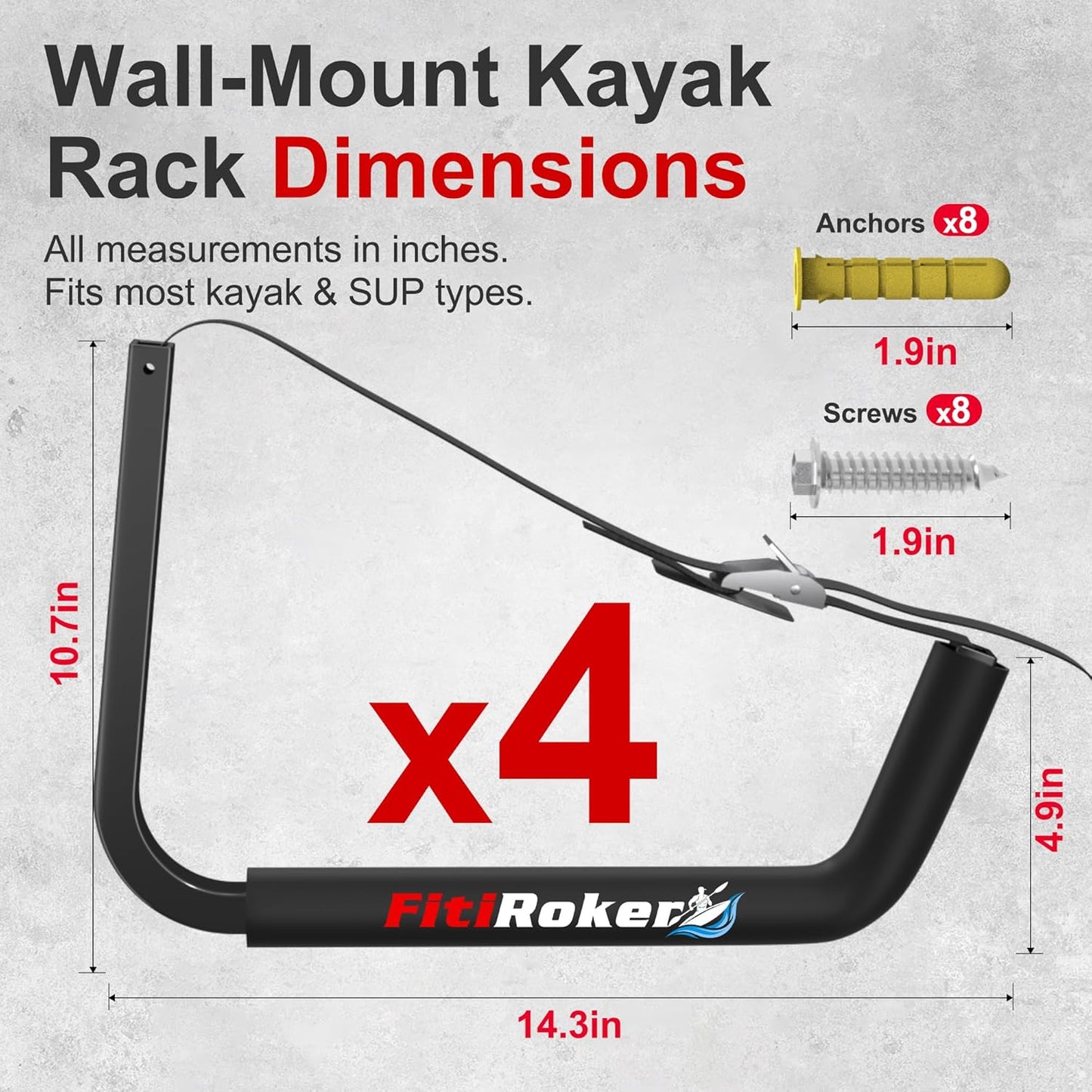 Kayak Storage Rack – 100LB Heavy Duty Kayak Wall Mount with Foam Padding & Straps | Kayak Rack for Garage, Wall Mounted Storage Hooks for Canoes, Paddle Boards, Ladders, Bikes (Square Tube)