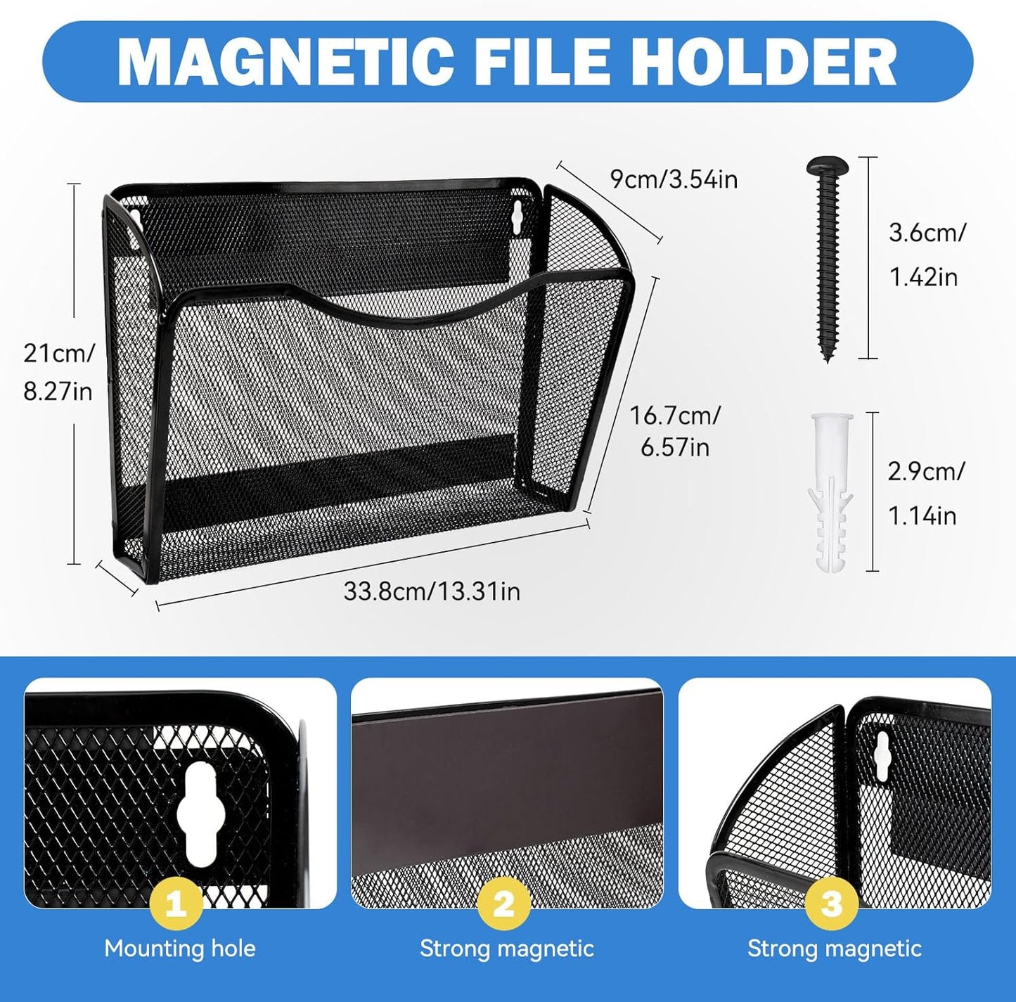 2-Pack Magnetic File Holder-File Folder Organizer, No Drilling Paper Document Holder, Large Capacity Office Hanging Magazine Rack for Refrigerator, File Cabinets, Whiteboard, Office
