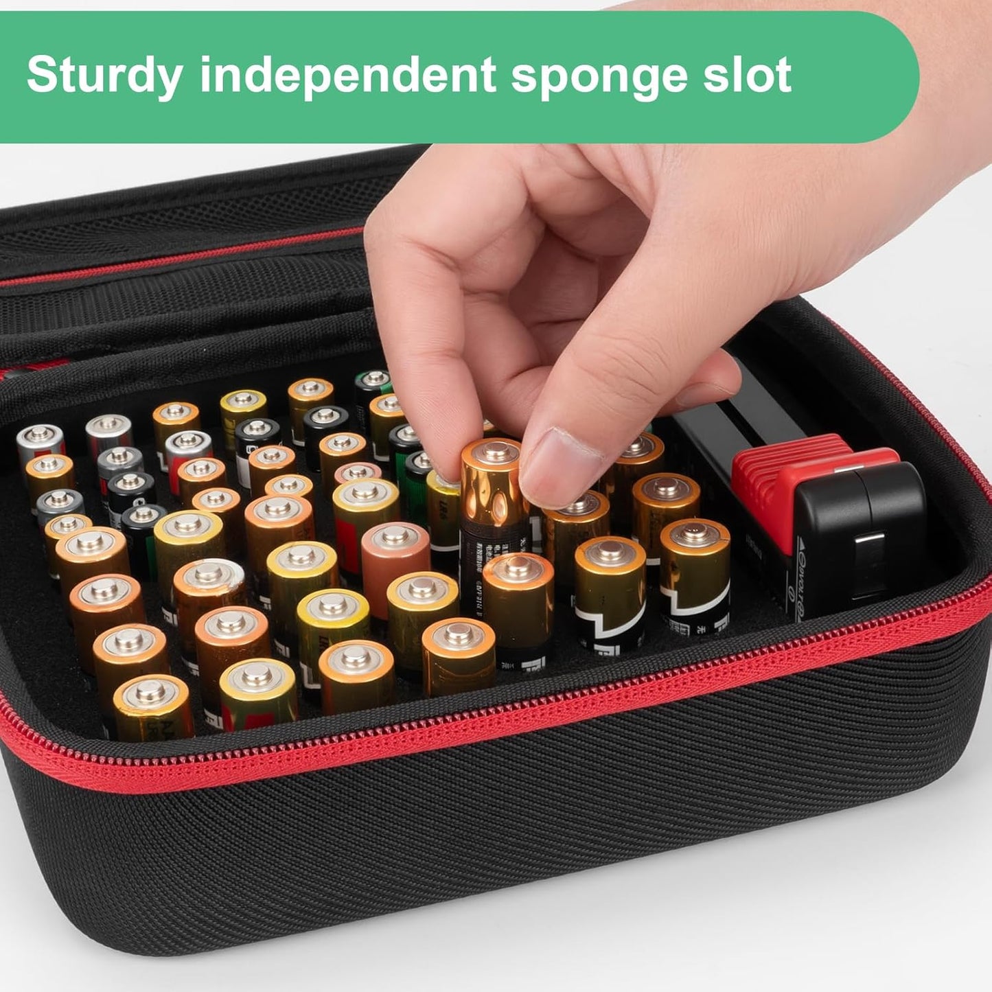 Battery Organizer Storage Case with Tester, Hardshell Portable Checker Carrying Case Holds Batteries AA AAA AAAA C D 9V, Battery Organizer Storage Box (Hold 64+ Cell)