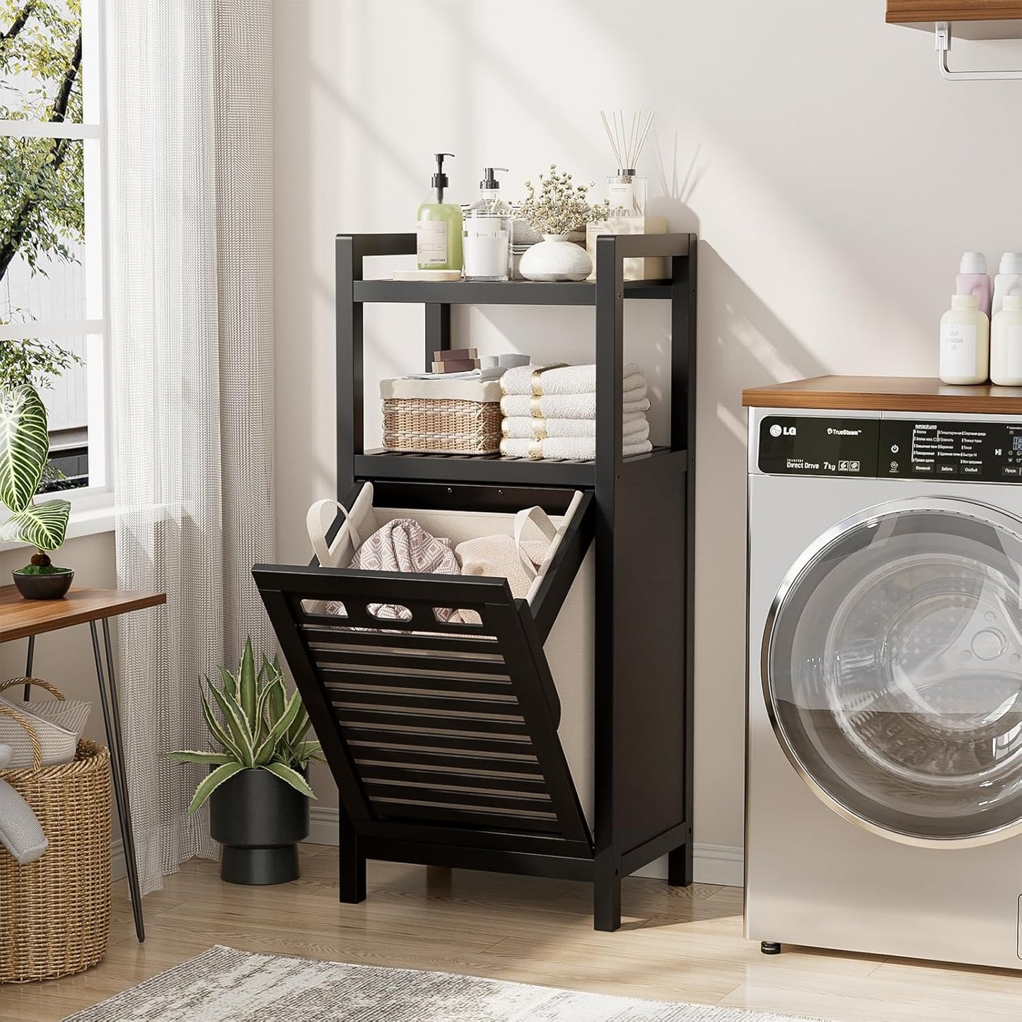 Homykic Tilt Out Laundry Hamper, 10 Gal Bamboo Laundry Storage Cabinet with Removable Basket, Hidden Hamper Organizer with Shelf for Dirty Clothes, Bathroom, Laundry Room, Space Saving, Black