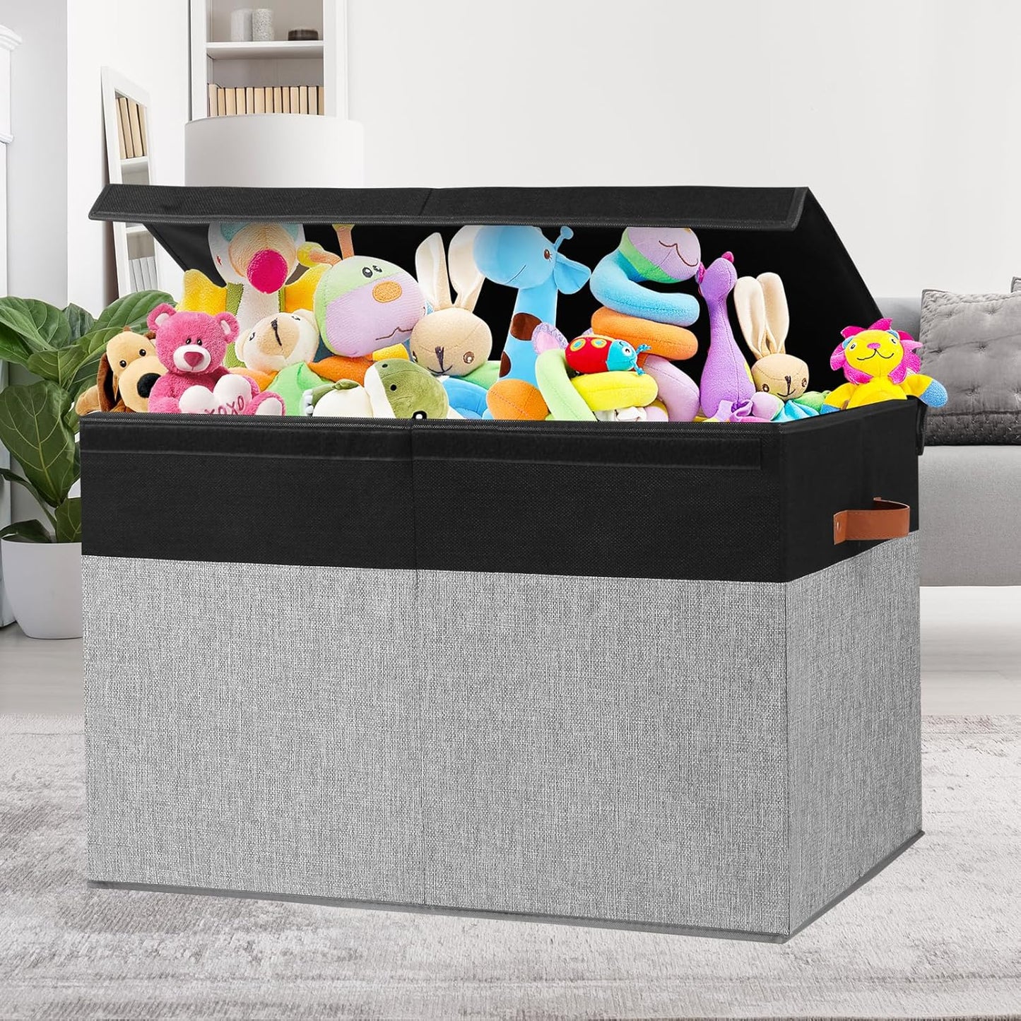 Large Toy Storage Box with Lid, Sturdy Toys Storage Chest Bin Organizer Basket with Dividers for Kids, Boys, Girls, Nursery, Closet, Bedroom, Playroom 26"x17" x17" (Black and Grey)