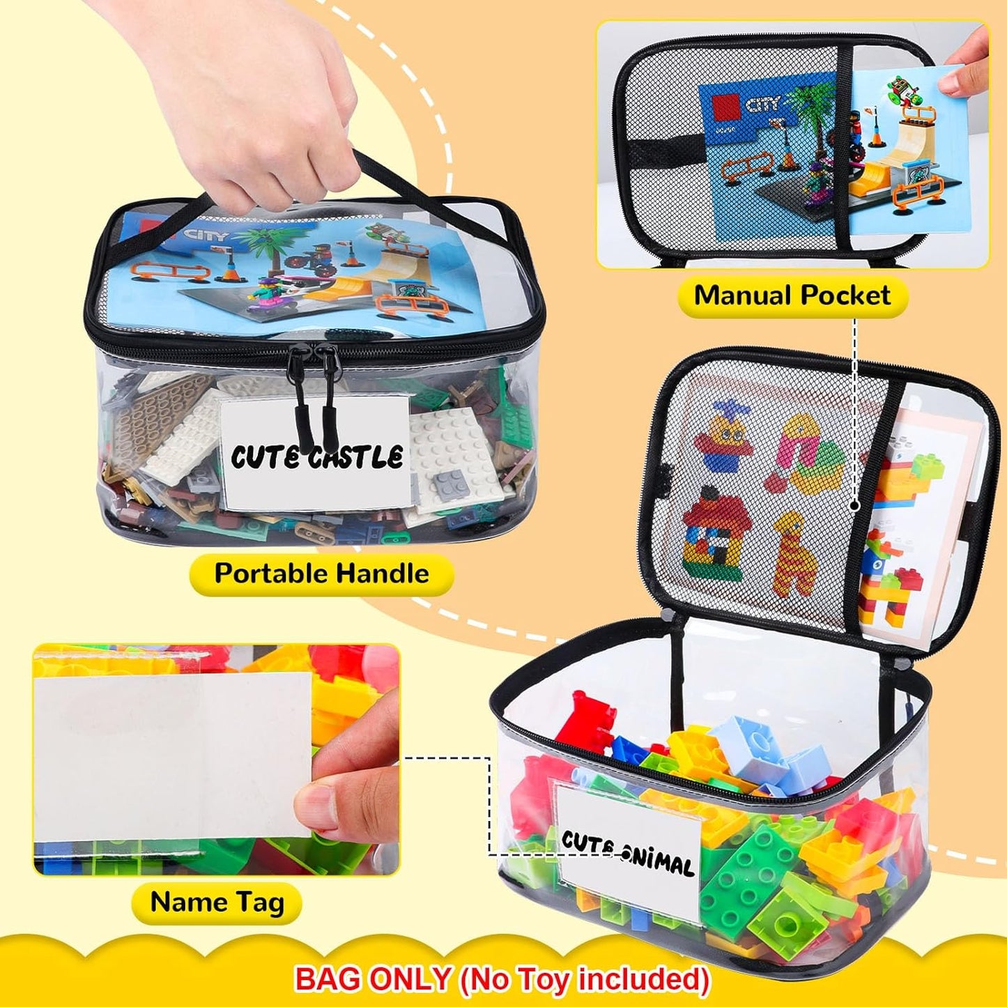 6 Pack Clear Toy Storage Bag with Name Tag& Manual Pocket, Waterproof Transparent PVC Toy Organizer Case for Lego Bricks, Board Games, Building Blocks, Puzzles (Large Capacity, Black)
