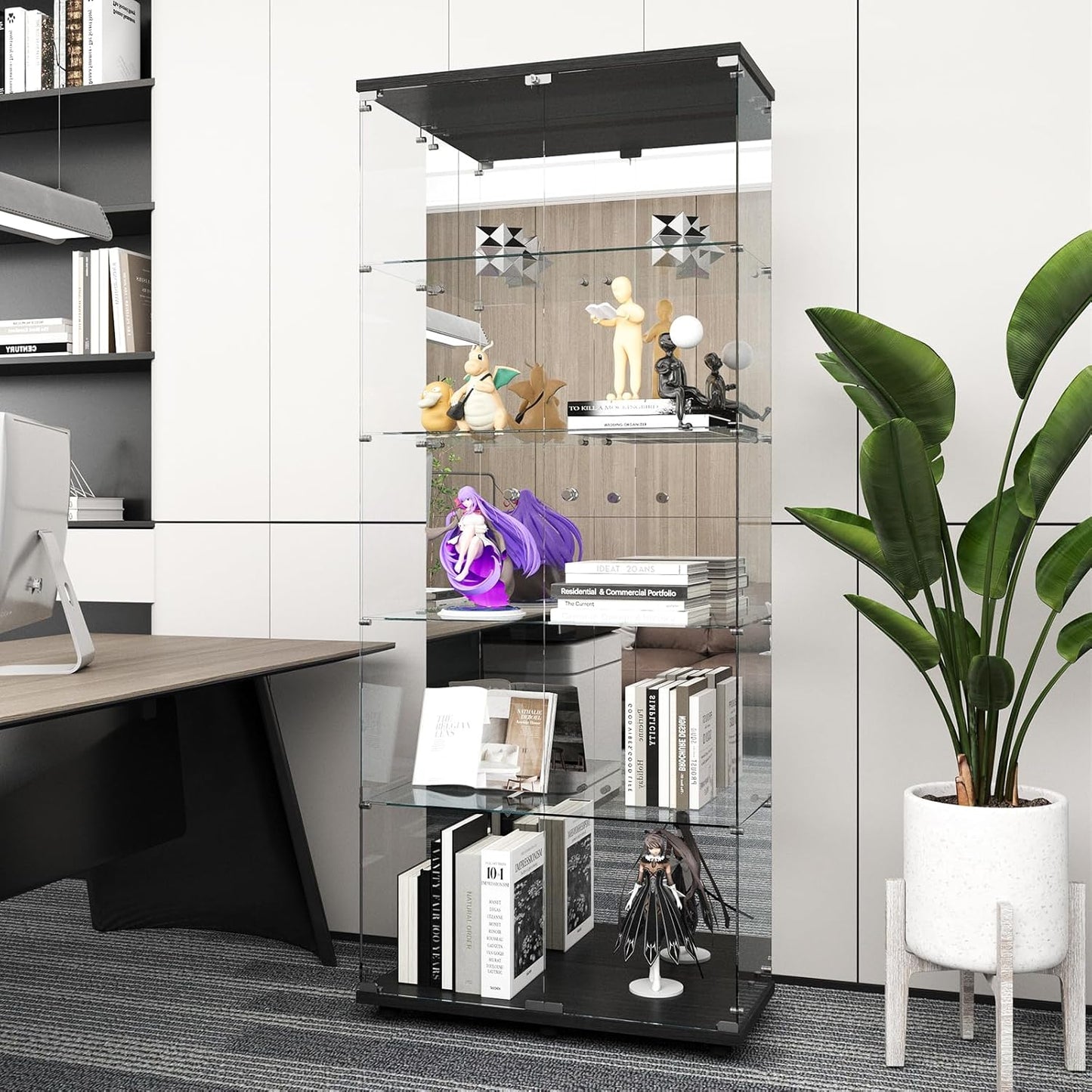 Beauty4U Glass Display Cabinet with Mirror Back Panel, 5 Shelves with 2 Doors, Curio Cabinets for Living Room, Bedroom, Office, Black Floor Standing Glass Bookshelf, Quick Installation