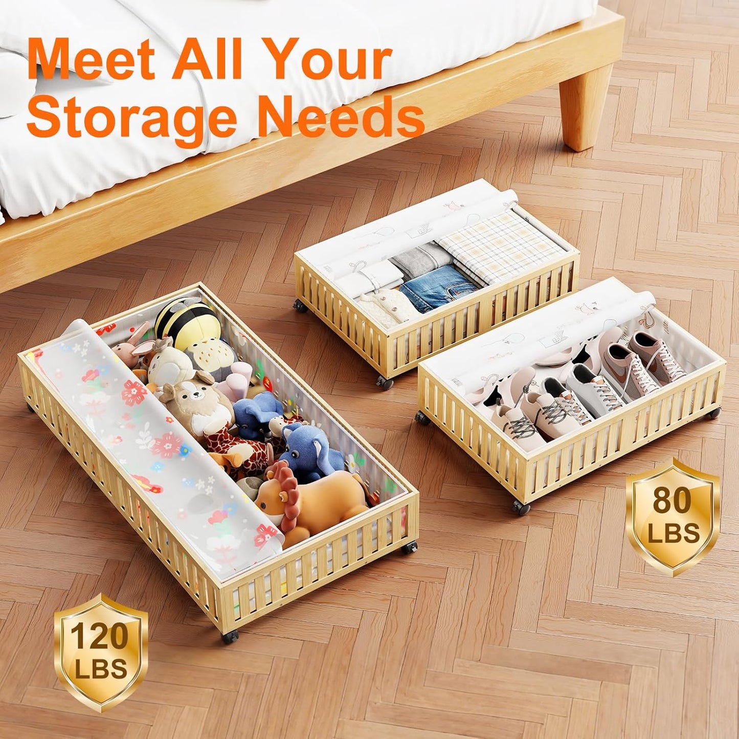 Bamboo Under Bed Storage Containers with Wheels, 40L UnderBed Drawers with Dust Bag, Breathable Under Bed Shoe Storage, Rolling UnderBed Clothes Storage, 1Pack