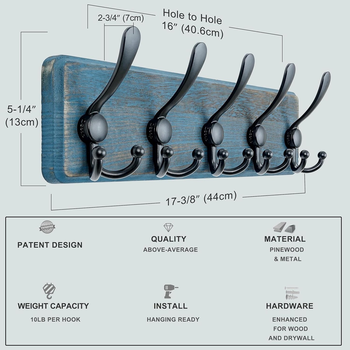 Dseap Coat Rack Wall Mount - Heavy-Duty Robust Barnwood-Style Wooden Wall Coat Hanger Hook Rail with 5 Triple Hooks for Winter Coats Hat Jacket Clothing, Weathered Blue & Black, Pack of 2