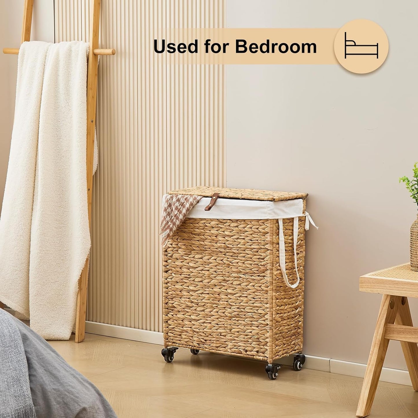 Rolling Laundry Hamper with Lid and Wheels, Slim Laundry Basket with Removable Liner Bag & 2 Mesh Bags, Handwoven Water Hyacinth Clothes Hamper for Bedroom Bathroom (Natural, 65L)
