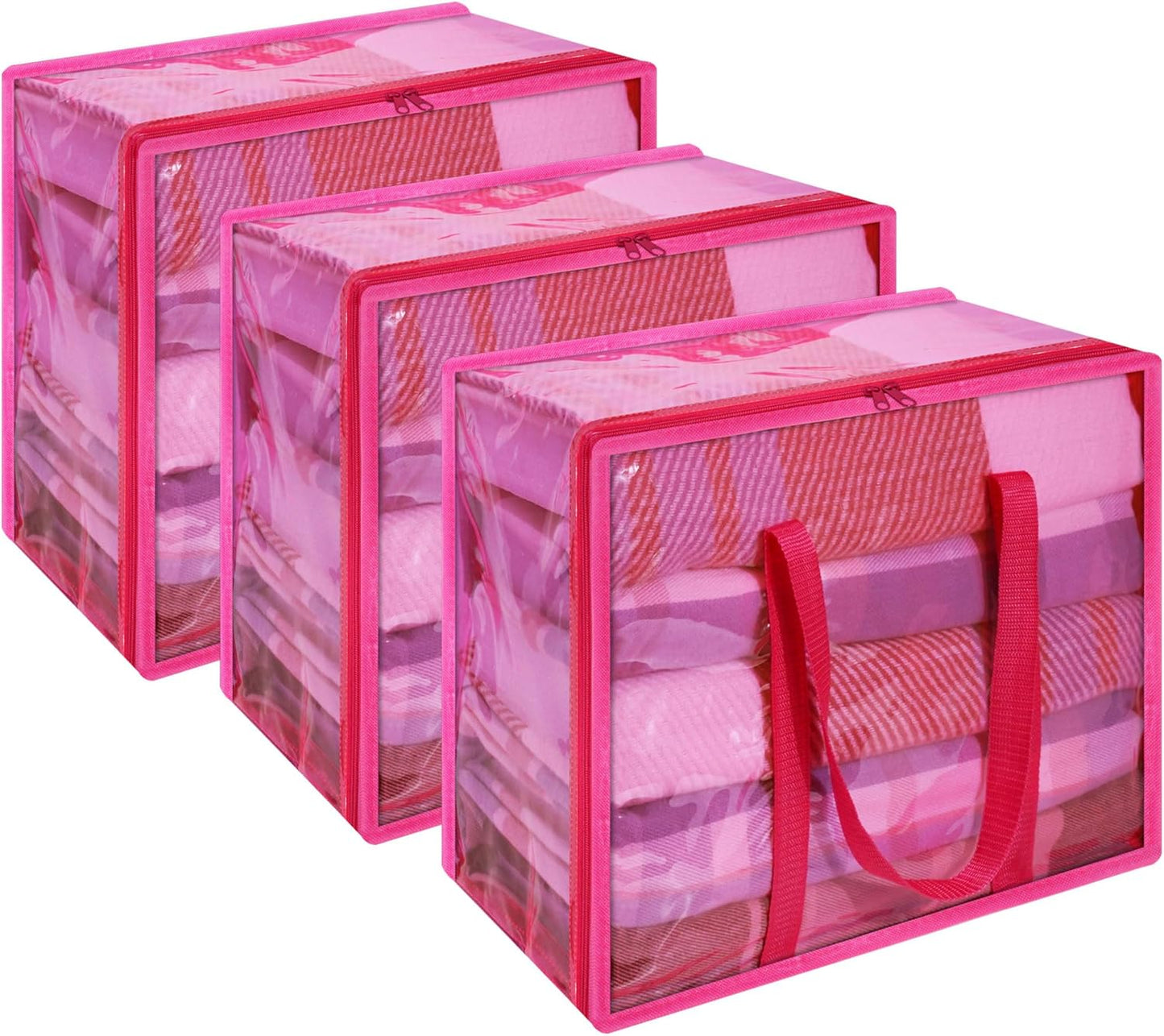 Vieshful 90L Clear Clothes Storage Bag with Zipper 3 Pack Colorful Clothes Organizer Vinyl Storage Bag for Comforter, Blanket, Bedding, Duvet, Transparent Moving Totes, Pink