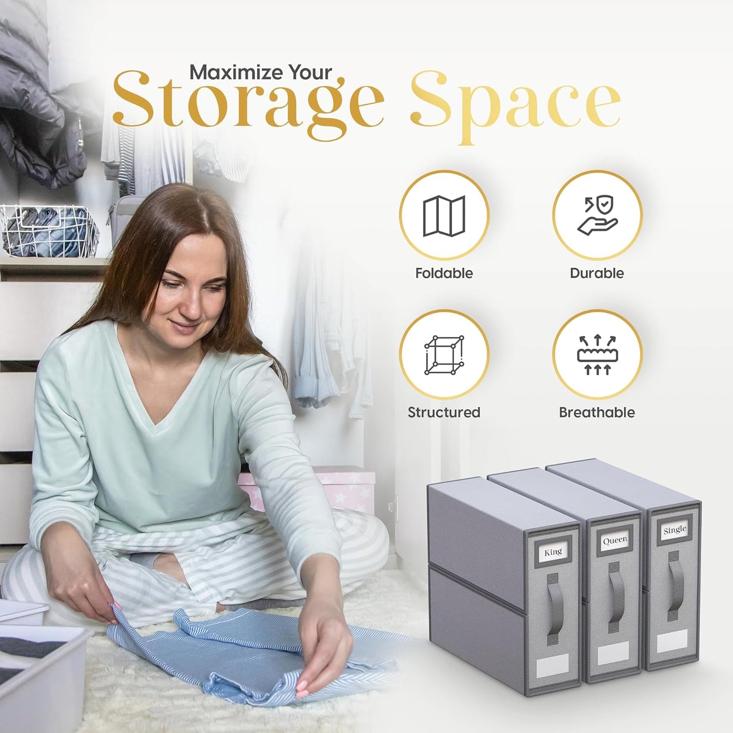 Sheet Organizers and Storage – 4 Pack Bed Sheet Organizer for Queen & King Size, Foldable Linen Closet Storage for Bedding, Duvet Covers, and Pillowcases