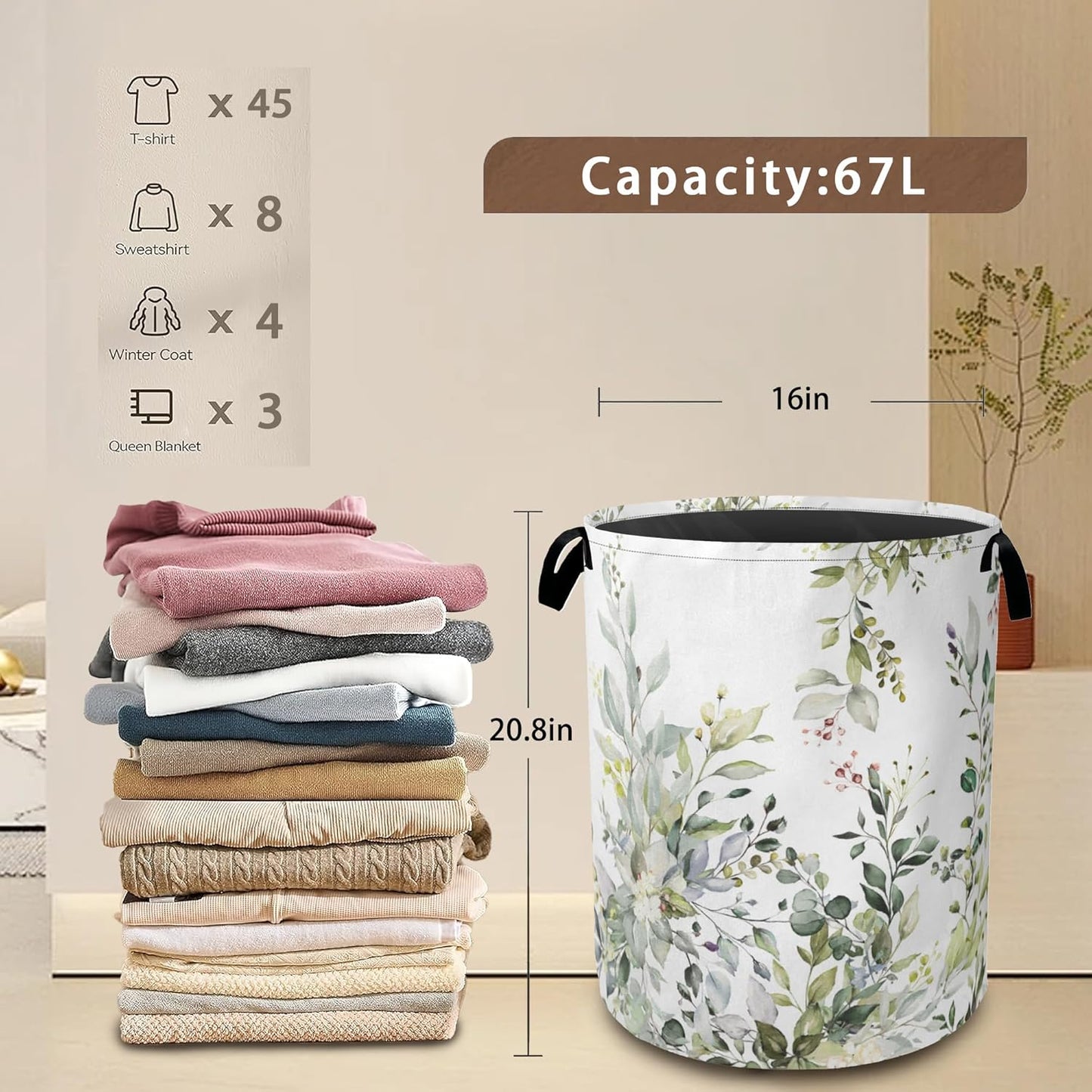 Laundry Basket,Sage Eucalyptus Collapsible Laundry Baskets, Green Leaves Waterproof Hamper with Handles for Bathroom Bedroom Nursery Home Storage16"x20"