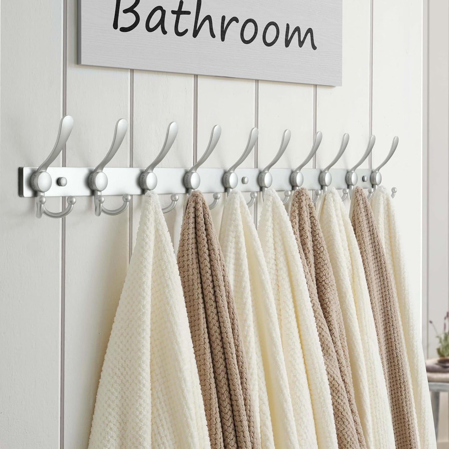 Dseap MaxStrong 2.0 Coat Rack Wall - 37” Long 10 Tri Hooks - Ultra Heavy-Duty Stainless Steel Wall Mount Coat Hanger, Hook Rail for Clothes Hats Jacket Towels Silver, Pack of 2