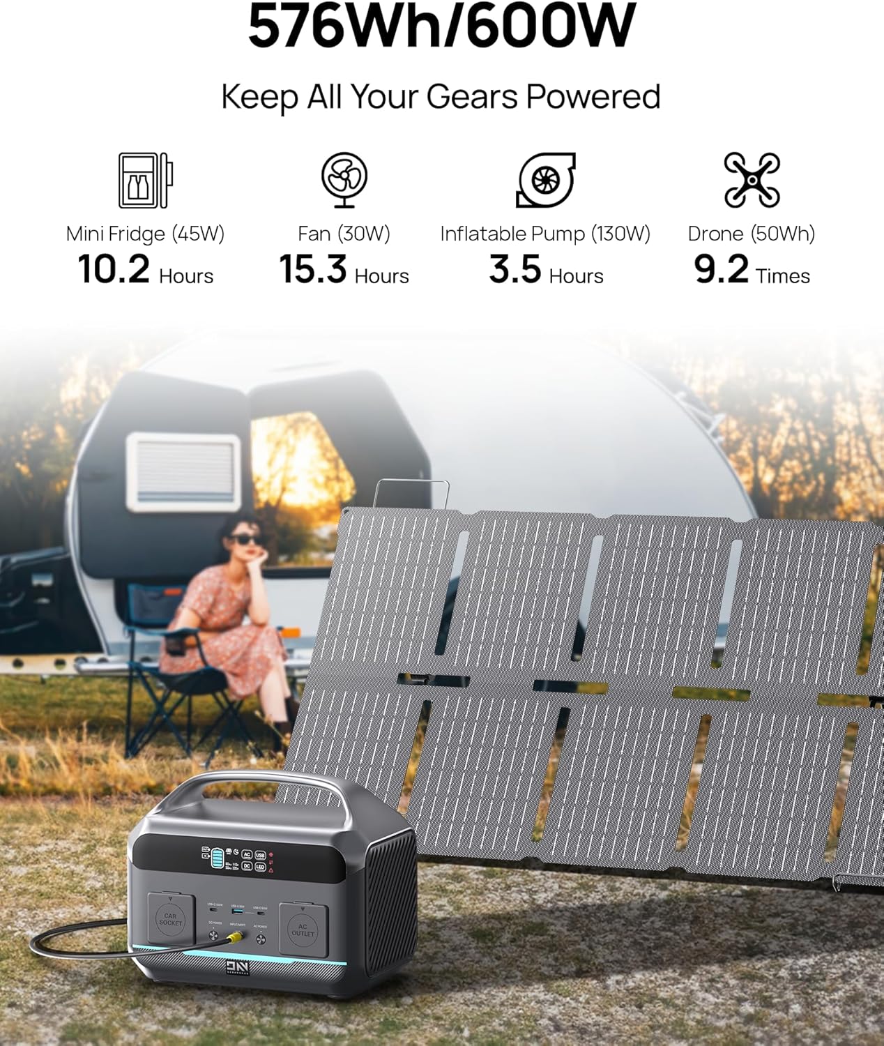 Portable Power Station 600W (1200W Surge) with 100W Solar Panel Included, 576Wh LiFePO4 Solar Generator, 1Hr Fast Charging, 100W USB-C PD Output, Power Bank for Home Emergency, Camping, RV, CPAP