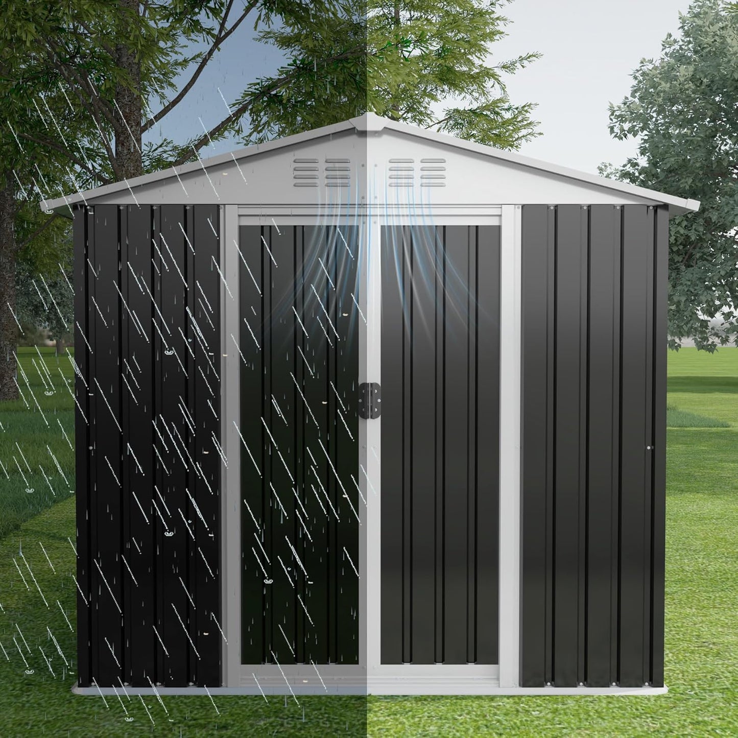 6FT x 4FT Outdoor Sheds Storage Anti-Corrosion Utility Tool House with Lockable Door & Shutter Vents Outdoor Waterproof Garden Tool Metal Storage Sheds（with Metal Foundation）