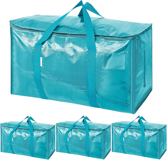 TICONN 4 Pack Extra Large Moving Bags with Zippers & Carrying Handles, Heavy-Duty Storage Tote Moving Boxes for Space Saving (4 Pack, Aqua)