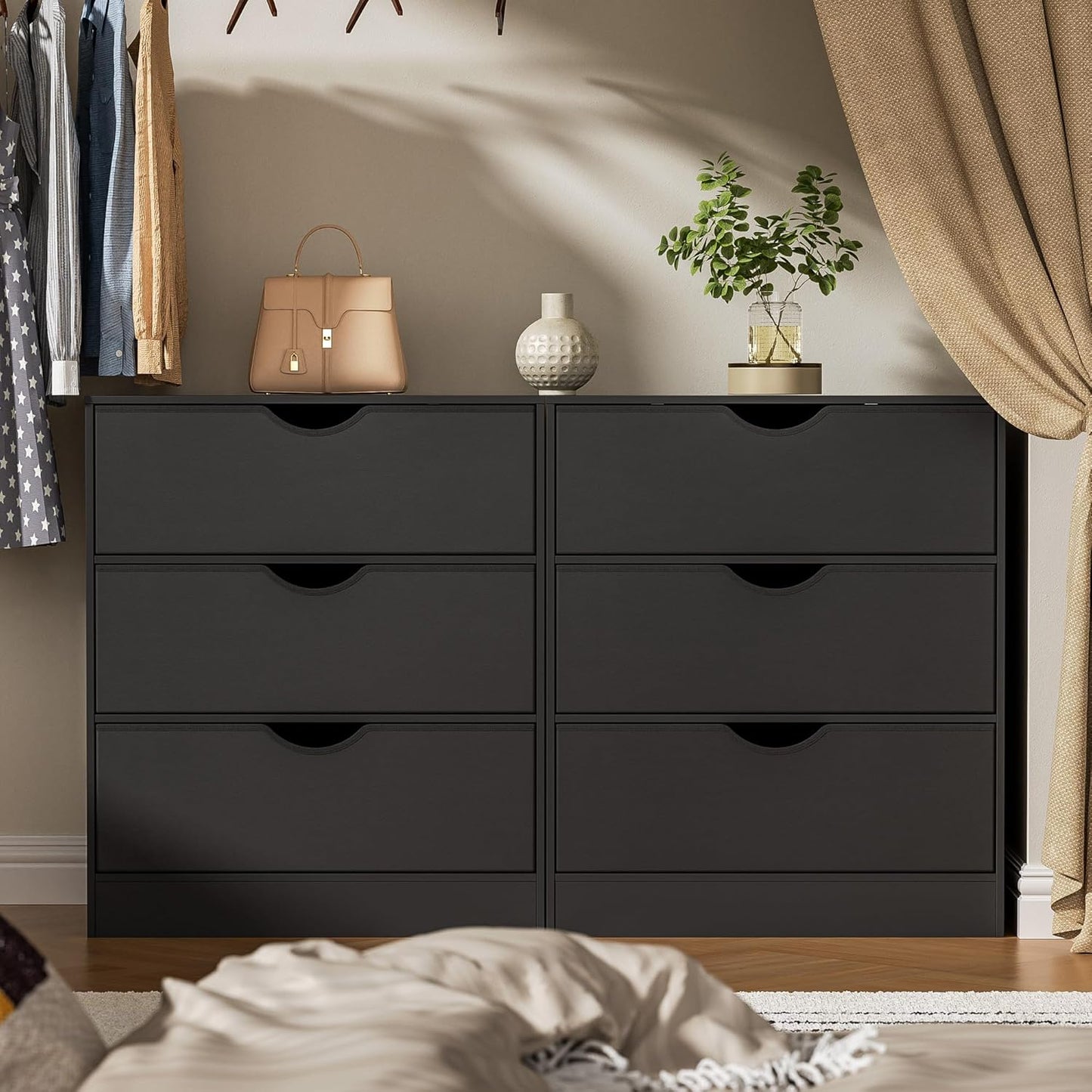 3 Drawers Dresser (Set of 2) for Bedroom, Fabric PU 6 Drawer with Wood Frame, Black Dresser with Large Organizer, Chest of Drawers for Closet, Living Room, Hallway, Black