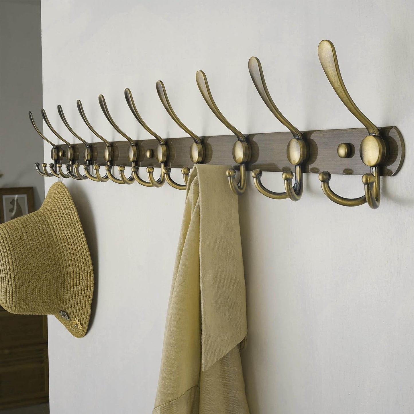 Dseap Coat Rack Wall Mount - 38” Long 10-Tri-Hooks Heavy Duty Coat Hanger Rail Wall Hooks for Hanging Coats Hats Clothing Clothes Purse Mudroom Entryway, Bronze, Pack of 2