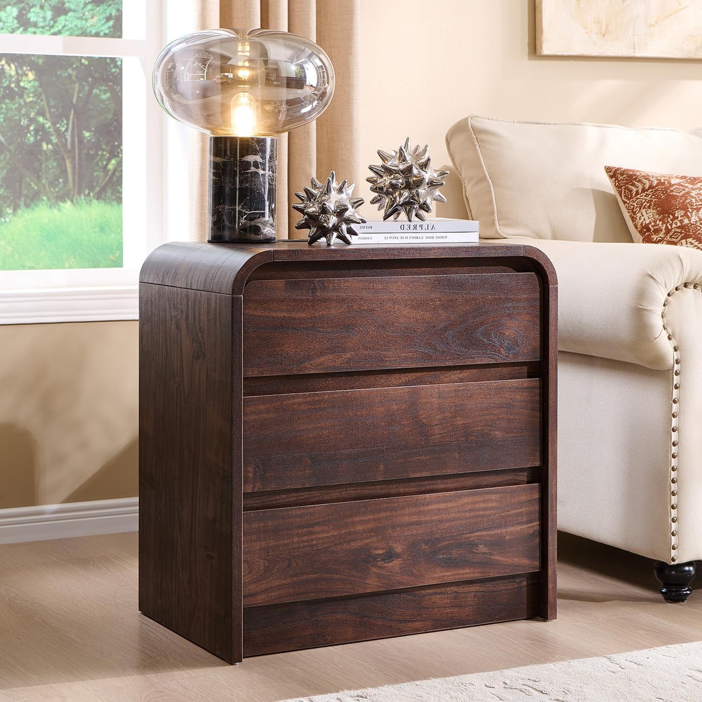 25" Tall Modern Nightstand Set of 2, 23.6" Wide Wood Bedside Table with Charging Station, 3 Storage Drawers Side Table w/Curved Profile Design,End Table for Bedroom, Living Room, Brown