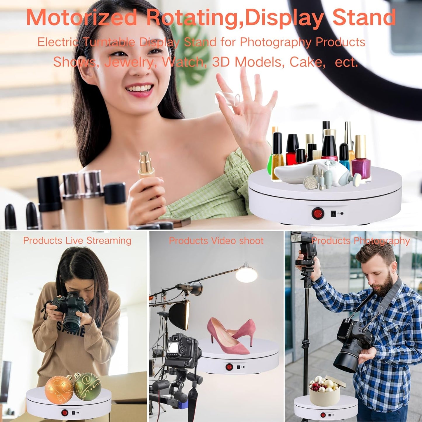 JAYEGT Motorized Rotating Display Stand, 350Lbs Load，360 Degree Electric Rotating Turntable for Photography Products Display，Live Show,Remote Control +5 Colors Backgrounds (White/11.8inch / Wired)