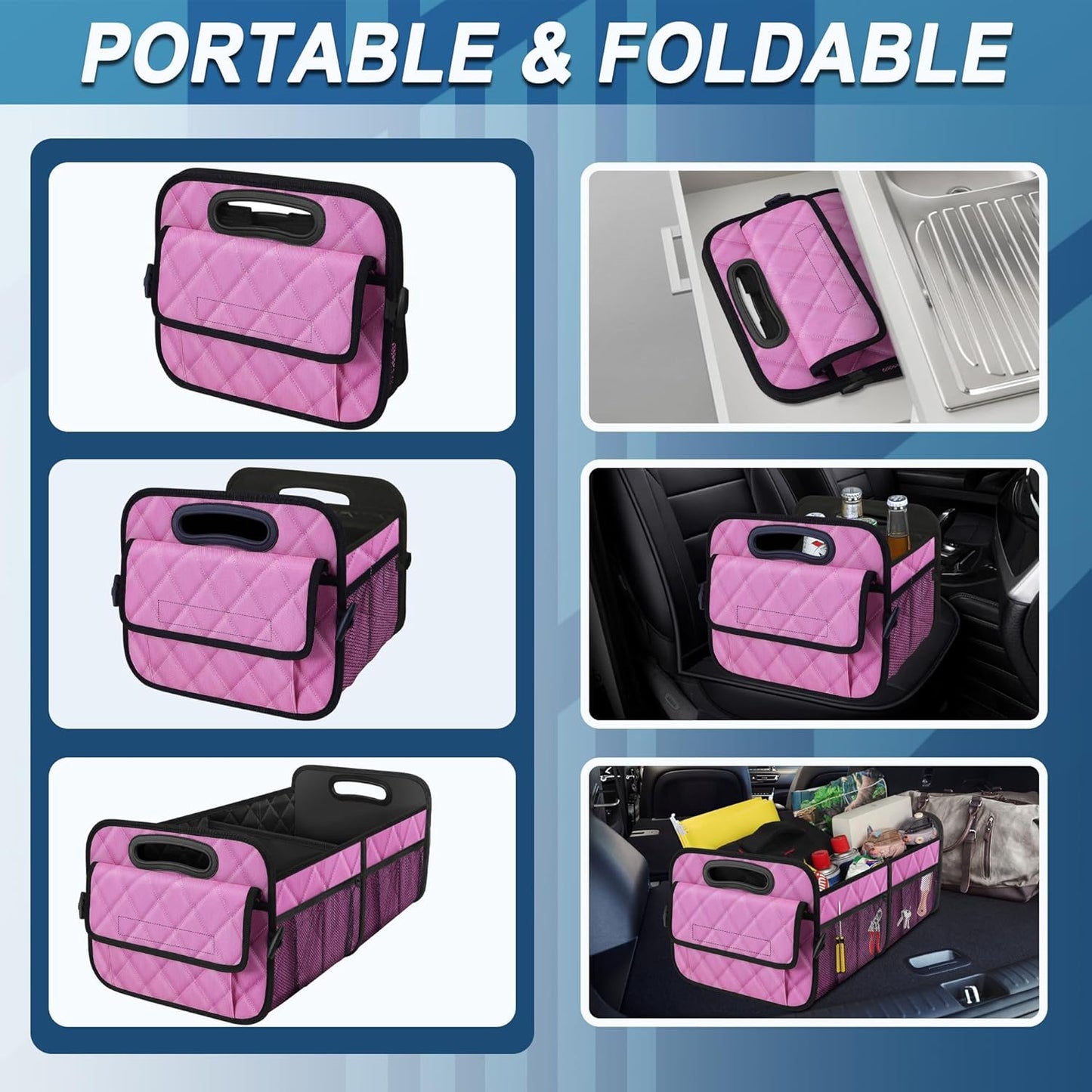 Deosk Car Trunk Organizer for SUV, Car Organizers and Storage with 6 Pocket, Car Accessories for Women/Men 50L Waterproof Polyester Trunk Organizer(Medium,Pink)