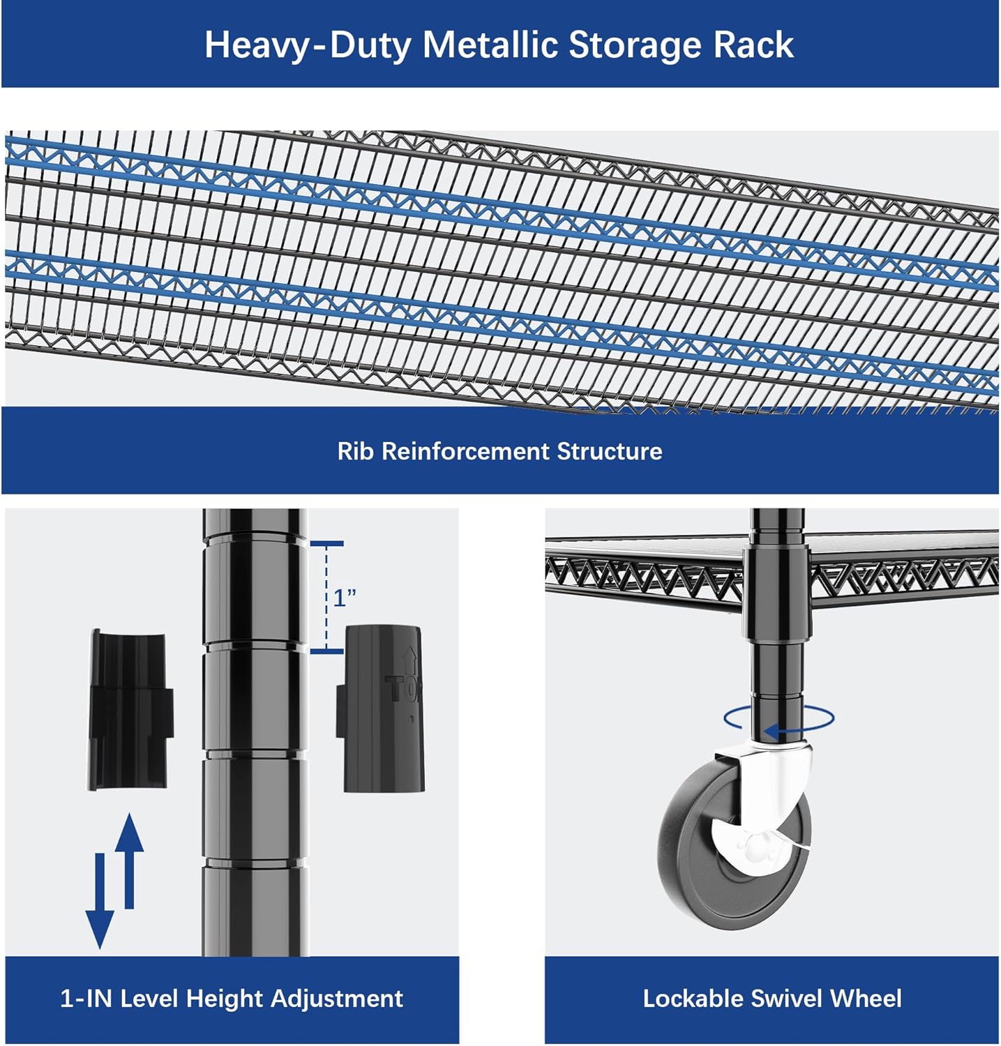 Heavy Duty Shelving, 76.2" H Garage Shelving Unit with Wheels, 4-Tier Garage Storage Shelves Metal Shelves Rack, Adjustable Industrial Shelving for Warehouse Storage, 60" W x 24" D x 76.2" H, Black
