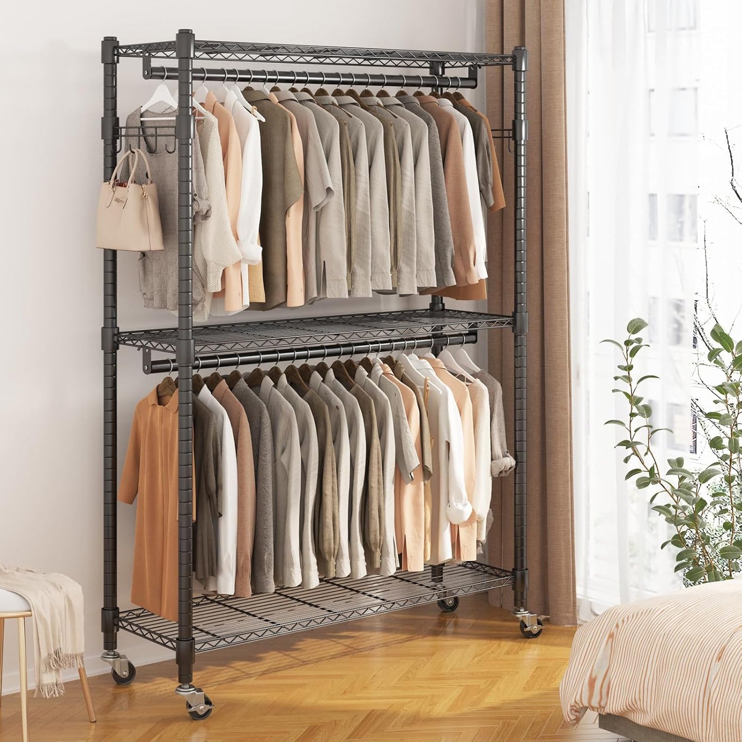 BATHWA Heavy Duty Garment Rack on Wheels, Rolling Clothes Racks for Hanging Storage, Simple Sturdy Metal Wardrobe Closet with Double Rods, 8 Side Hangers, 3 Shelves, Black