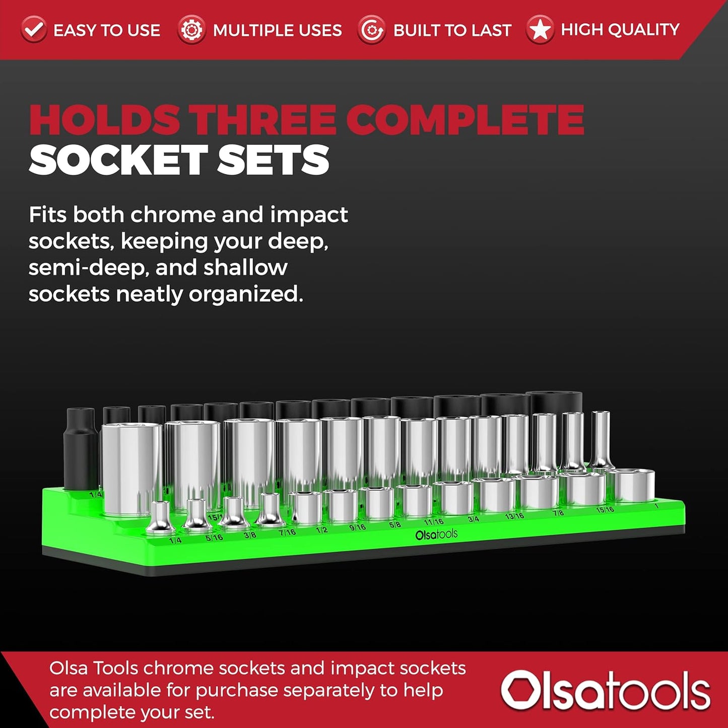 Olsa Tools Magnetic Socket Organizer (3/8-Inch Drive, 3 Row) - Magnetic Tool Organizer & Socket Holder - Tool Box Socket Organizers - SAE Green - Holds 39 Sockets - Professional Grade - Part: 1550