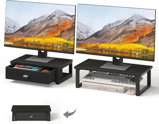 WOHOMO Dual Monitor Stand Riser with Drawers, Wood Desk Organizers for 2 Monitors, Desktop Storage Stand for Computer, Laptop, Black