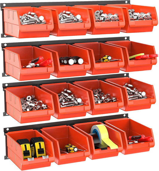 TORACK Wall Mounted Storage Bins, 16 Plastic Bins for Tools Organization in Garage, Craft Room, Shop(4-Pack, Orange-red)