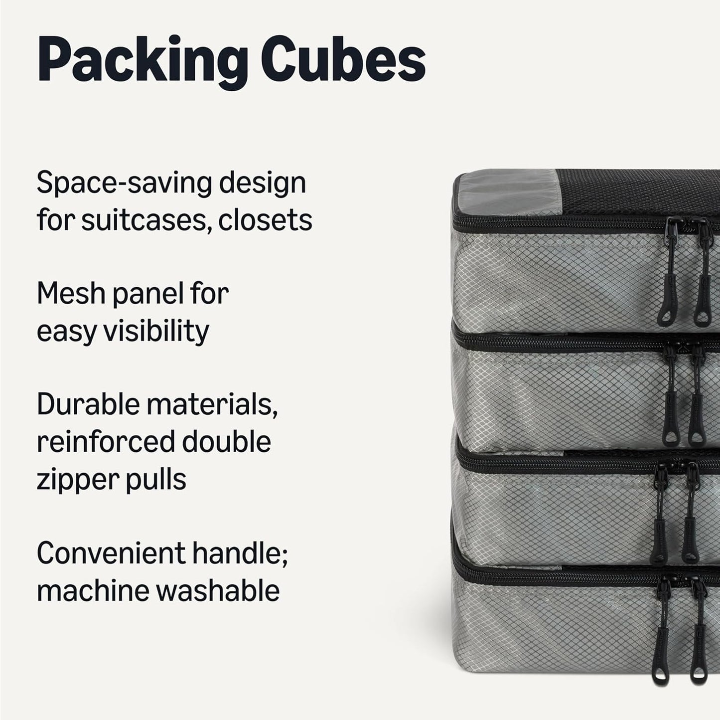 Amazon Essentials 4-Piece Packing Cubes Travel Accessories Set, Luggage Organizer with Double Zipper, Mesh Top, 100% Polyester, Small, Gray (Previously Amazon Basics)