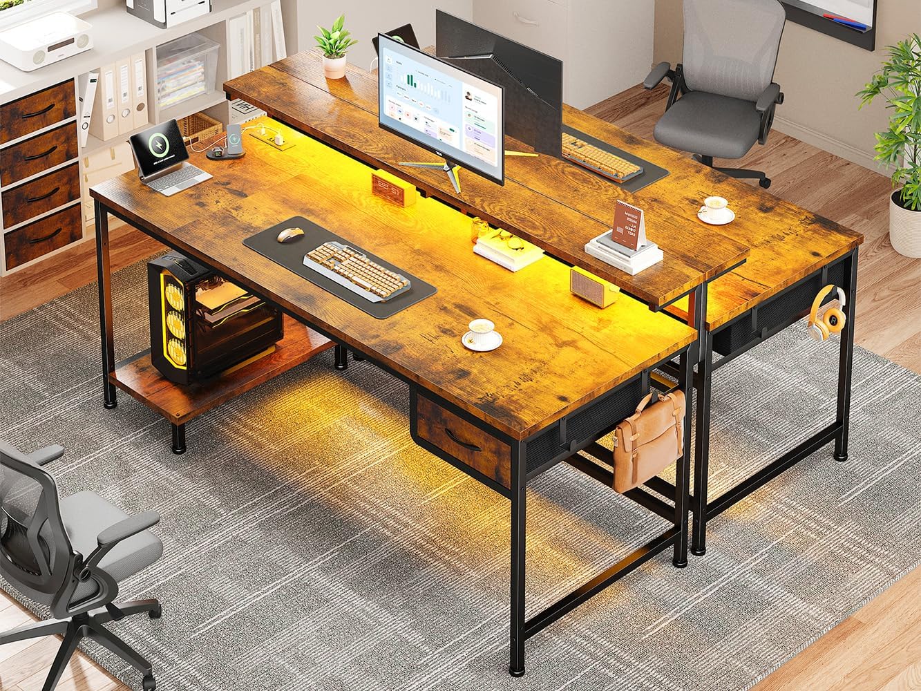 47.2 Inch Office Desk with Power Outlet & Ergonomic Monitor Stand,Gaming Desk with CPU Stand& LED Lights,Computer Desk with Drawer for Home Work,Study Redroom and Gaming,Small Spaces,Rustic Brown