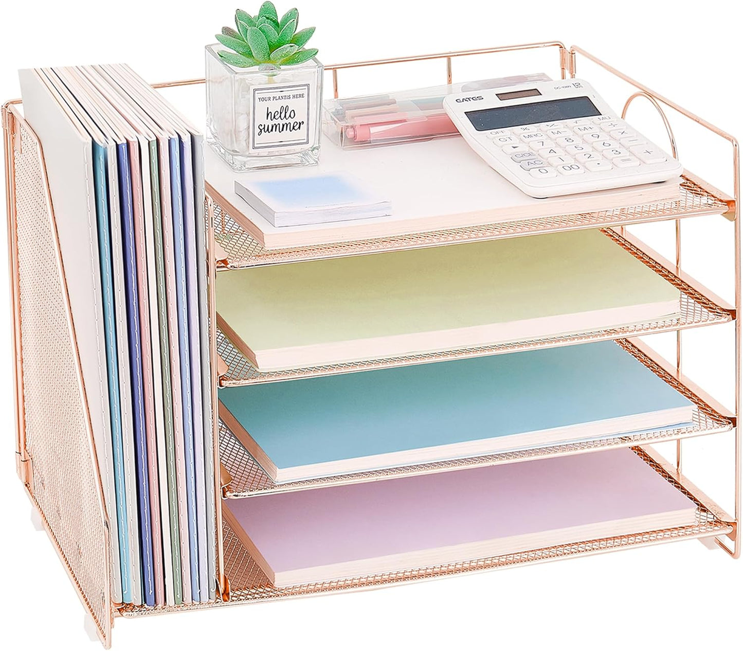 OPNICE 4-Tier Paper Organizer with Magazine Holder, Desk Organizers and Accessories, Office Desk Accessories & Workspace Organizers, Desktop File Organizer for Office Supplies Storage, Rose Gold