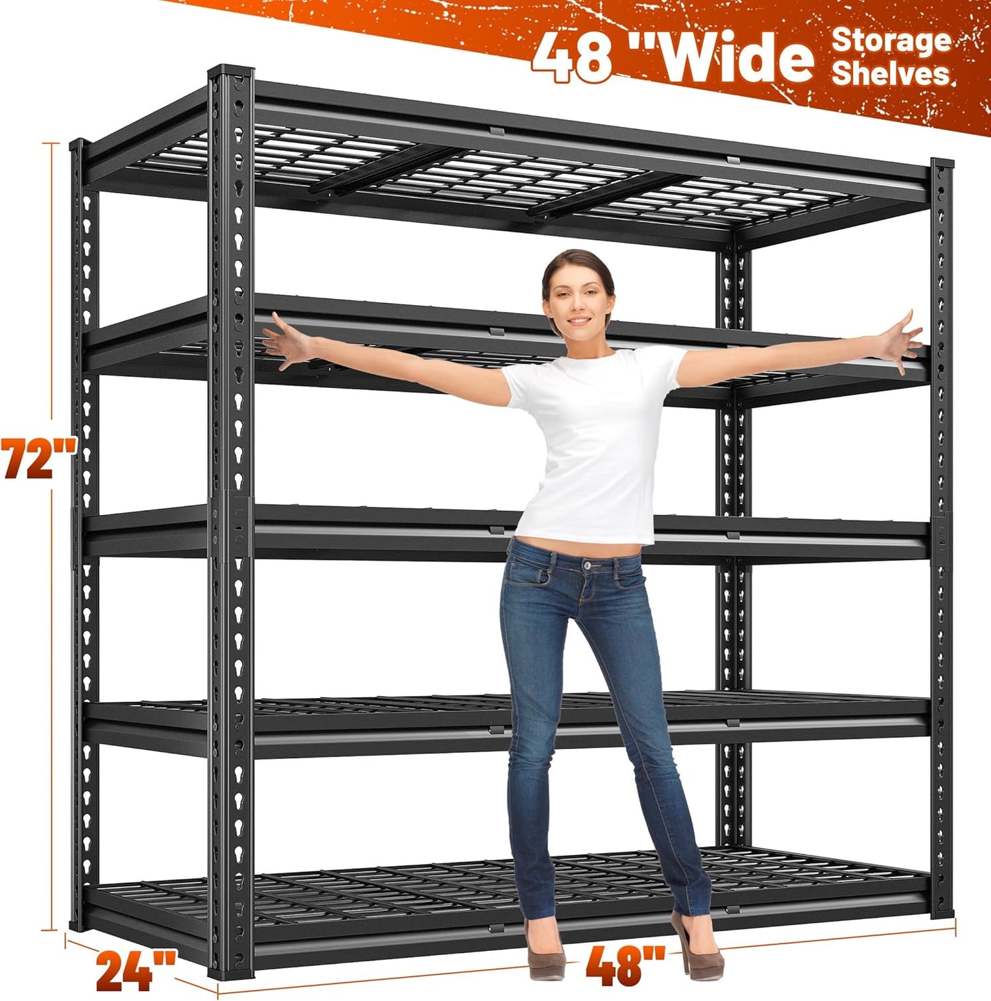 REIBII 48" W Garage Shelving 3000LBS Metal Shelving Heavy Duty Storage Shelves Adjustable Metal Shelf 5 Tier Pantry Shelves for Warehouse Garage Basement Pantry 48" W x 24" D x 72" H