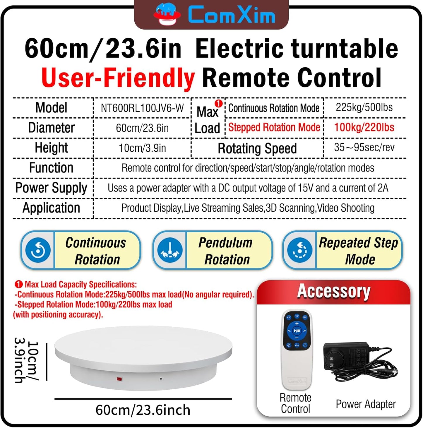 23.6In Remote Large Motorized electric turntable Rotating platform Photography Turntable Motorized lazy susan Base giratoria para for Photography,3D Scanner,Heavy duty display(Load Range:220~500lbs)
