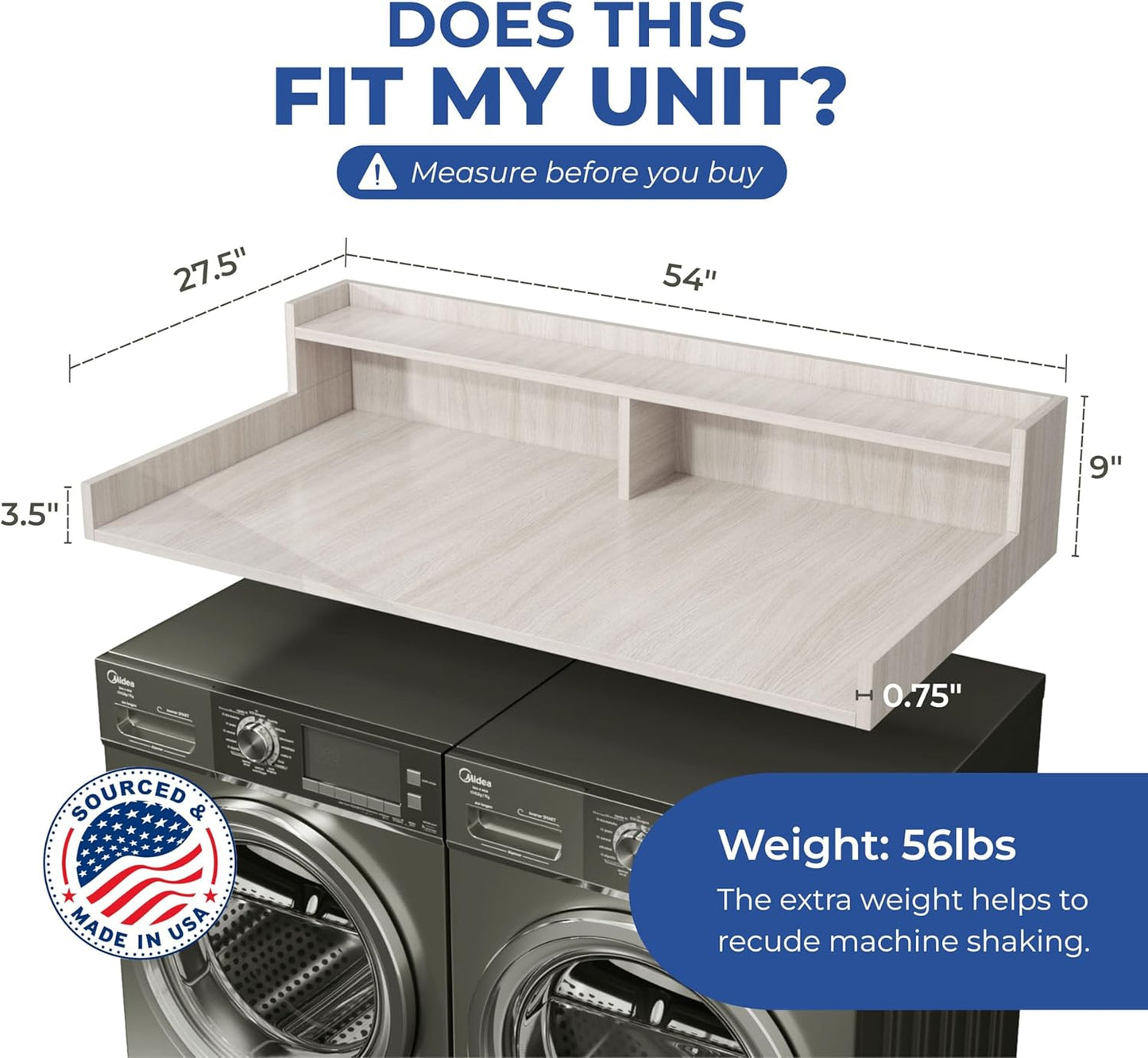 OfficeSimpli Washer Dryer Countertop with Shelf - 27.5 x 54 Inch - Made in USA Laundry Countertop Over Washer and Dryer with Non-Slip Pads, Storage Shelf, Laundry Topper Organizer, Rustic Oak