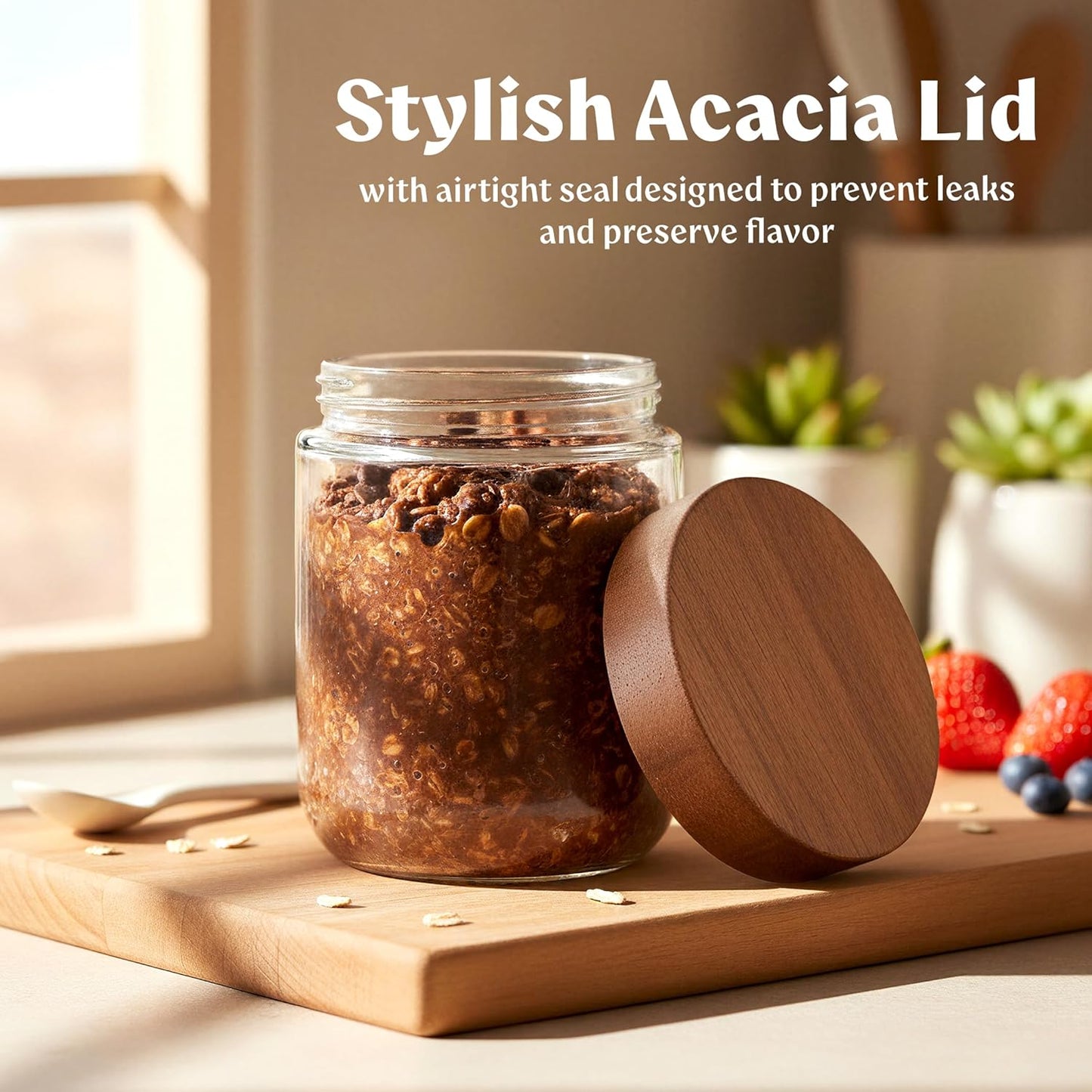 Overnight Oats Containers with Lids Acacia (4 x 16oz) Glass Jars for Oatmeal, Meal Prep, Food Storage | Leak-Proof Mason Jars for Oats, Cereal, Yogurt, Chia Pudding [Thicker Glass 3mm]