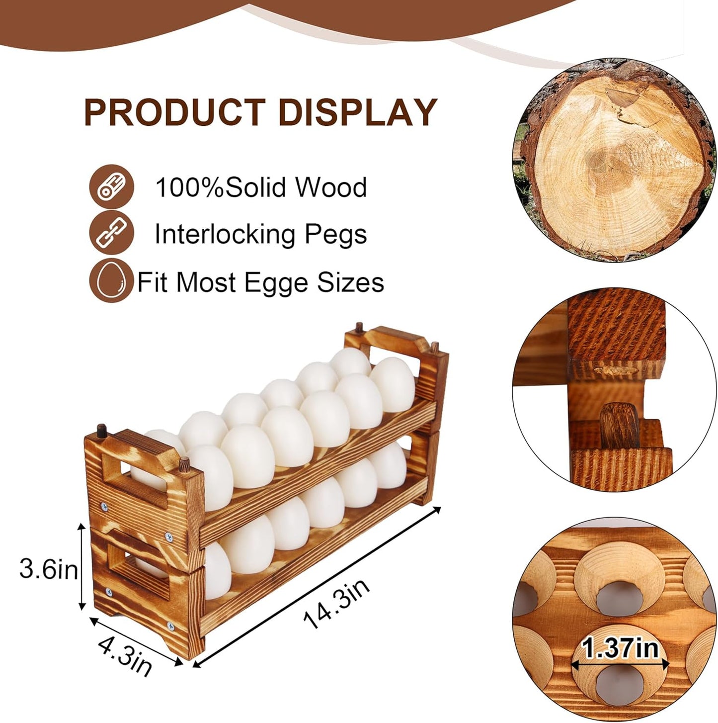 CVHOMEDECO. Wooden Egg Holder Fresh Egg Holders Countertop Firewood Egg Collecting Rack for Gathering Fresh eggs, Stackable with 24 eggs, Home Kitchen Organizer, Set of 2 PCS
