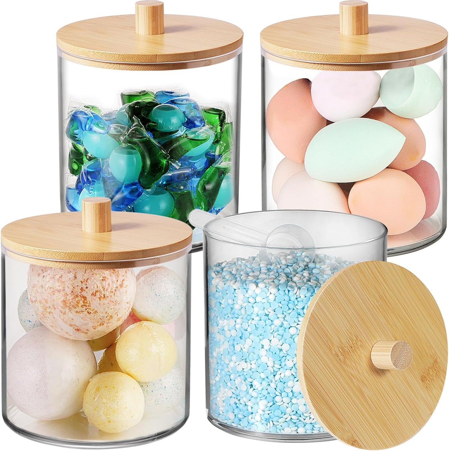 SheeChung 4 Pack 50 Oz Large Apothecary Jar with Bamboo Lid, Laundry Pods Container, Storage Jars for Bathroom Organization, Plastic Canisters with Cute Stickers Spoons(Natural)