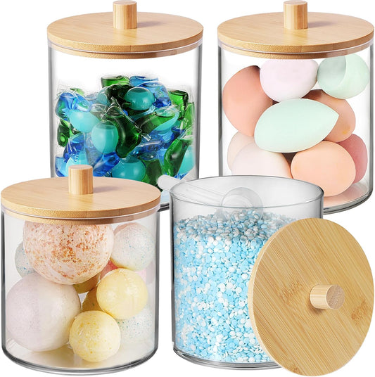 SheeChung 4 Pack 50 Oz Large Apothecary Jar with Bamboo Lid, Laundry Pods Container, Storage Jars for Bathroom Organization, Plastic Canisters with Cute Stickers Spoons(Natural)